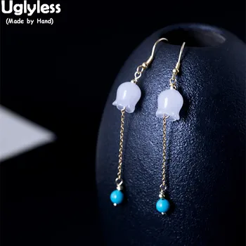 

Uglyless 100% Natural Jade Lily of the valley Earrings for Women Bohemia Turquoise Tassels Dangle Earrings Summer Dress Brincos
