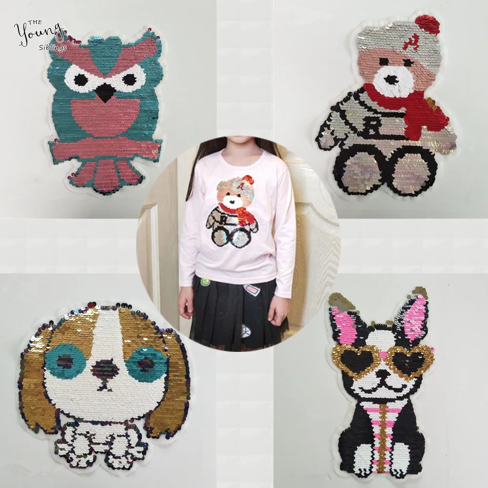 

New arrive Sewing Large size sequin Dog Bear Patches for Clothes Sewing embroidery iron on badge Clothing Supplies Accessories