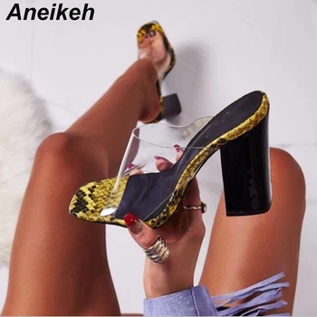 

Aneikeh 2019 PVC Transparent Sandals Square Toe Square High Heels Women Slippers Shoes Pumps Black Yellow Casual Size 35-40 NEW