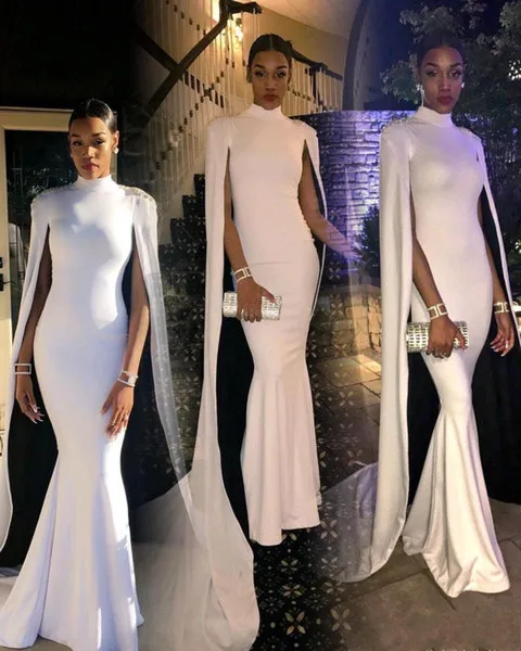 

White Prom Dresses with Cape 2019 High Neck Saudi Arabic Formal Evening Gowns vestidos de fiesta jurken abendkleider