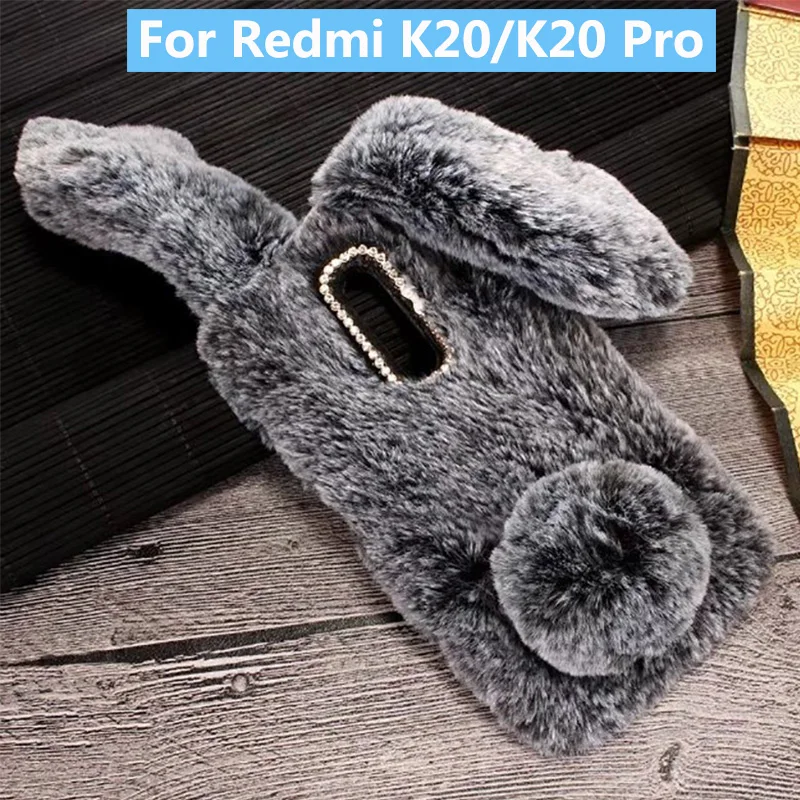 Plush Bunny Case for Redmi K20 Soft Fur Cute 3D Rabbit Ears TPU Bling Diamond Fluffy Phone Case