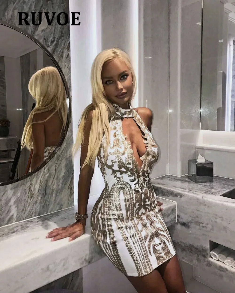 

Evening Sexy Black White Gold Sequin Dress Women Party vestido streetwear christmas dress Luxury HalterNightclub Dresses cloP-27