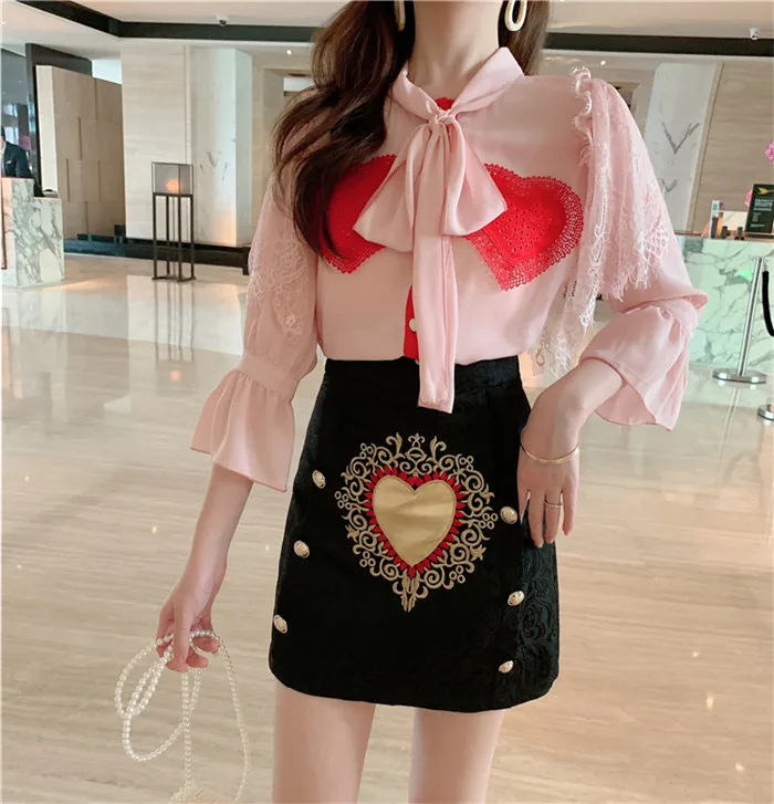 Наклейка на ткань "Сердце" шифоновая блузка+ платье с вышивкой женский модный комплект из 2 предметов платье шикарная Милая женская одежда бренд