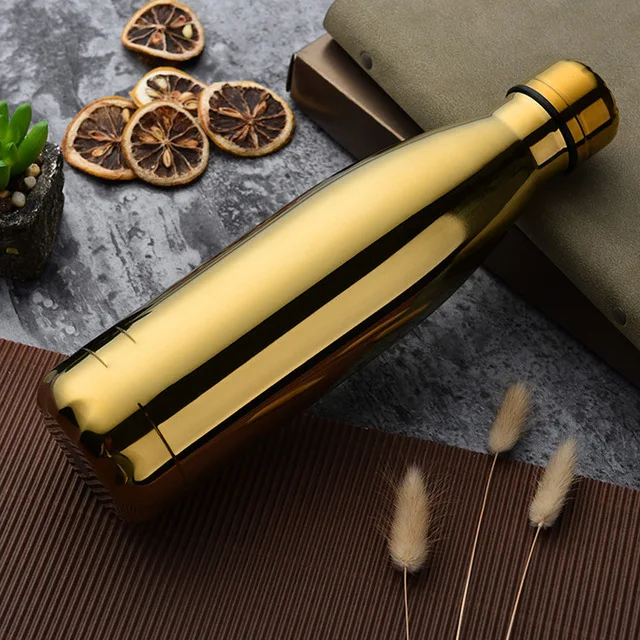 500ML Chilly Bottle Stainless Steel Wine Bottle Shape Thermos Bottle Car Travel Bowling Flask Vacuum Bottle For Water - Color: Plated Gold