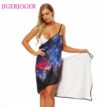 

JIGERJOGER Summer Thick Towel 3D Printed Purple blue galaxy Beach Apron halter Swim Dress Shawl Strapped cover up Wrap scarf