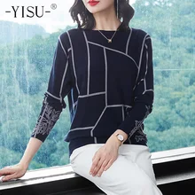 Yisu moda feminina geometria impressão camisola manga longa jumpers malhas outono inverno pullovers de malha alta qualidade suéteres