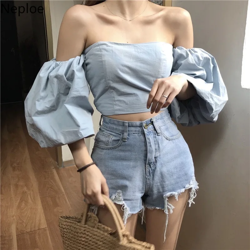 

Neploe Korean Off Shoulder Tank Tops 2019 Vintage Lantern Sleeve Women Camis Casual Summer Crop Top Tees Camisole 52116