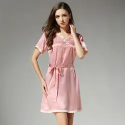 Летние розовые 100% шелк ночные рубашки женская обувь высокого качества пикантные с коротким рукавом sleepdress рубашки женские пижамы