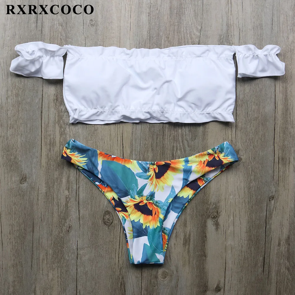 

RXRXCOCO New 2018 Sexy Off Shoulder Bikini Women Sunflower Printed Bandeau Swimsuit Push Up Strapless Brazilian Bikini Beachwear