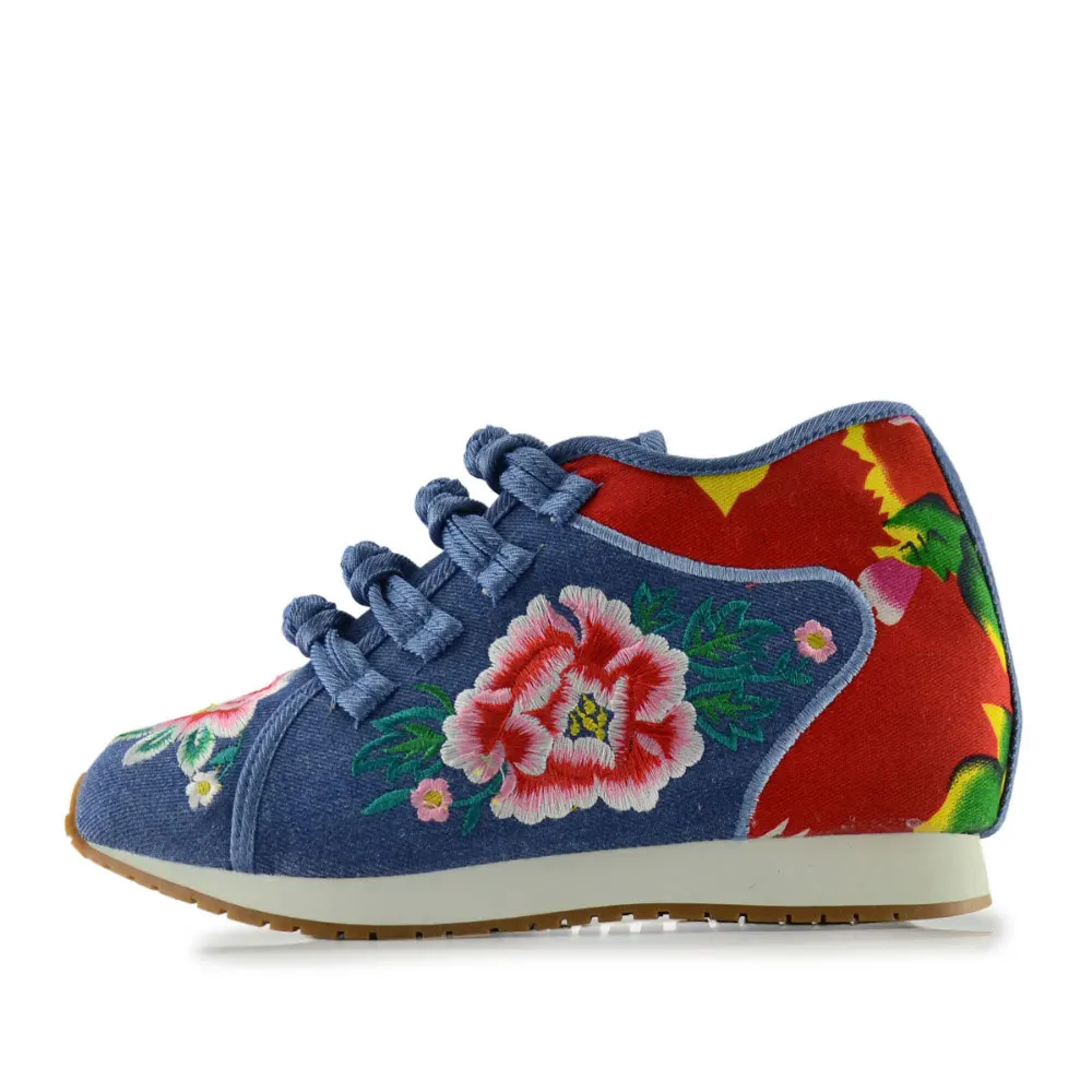 Veowalk/Новинка; сезон весна; женская обувь на плоской платформе с цветочной вышивкой; Повседневные Удобные кроссовки из джинсовой ткани в китайском стиле