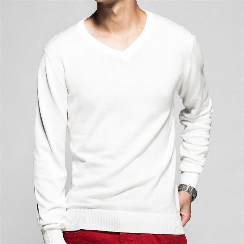 2018 V Neck Mens Sweater Pullovers Basic Pattern Cotton knitted Christmas Sweater Jumpers Male Knitwear Red Black White Yellow-01