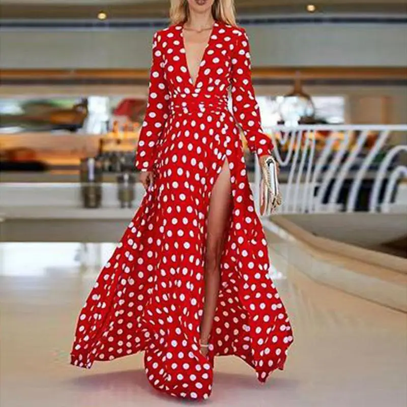 

2019 Sexy Spring And Summer Deep-V Dot split beach Elegant Floor-Length Dress Bohemian Dress