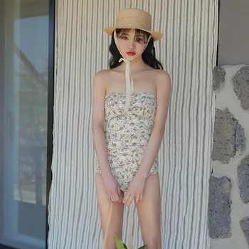 

Hot Womens strapless one-piece Swimsuit padded bathing monokini swim wear sexy floral print patchwork swimwear female