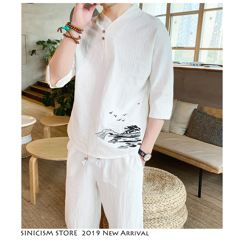 Sinicism Store Harajuku, мужской спортивный костюм с вышивкой,, мужские летние льняные комплекты для бега, Мужская Уличная одежда, китайские комплекты из 2 предметов