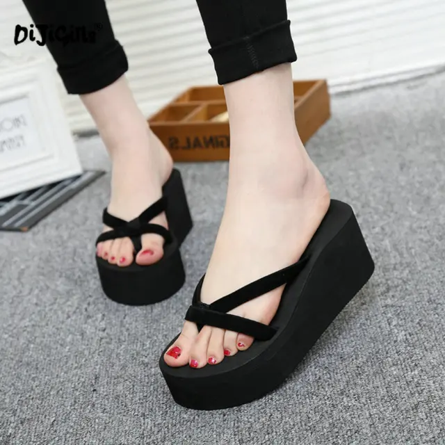 DIJIGIRLS Platform Sandals Women High Heel Zapatillas Chinelo Shoes Summer Fashion Straped Slippers Flip Flops Black Pantufa