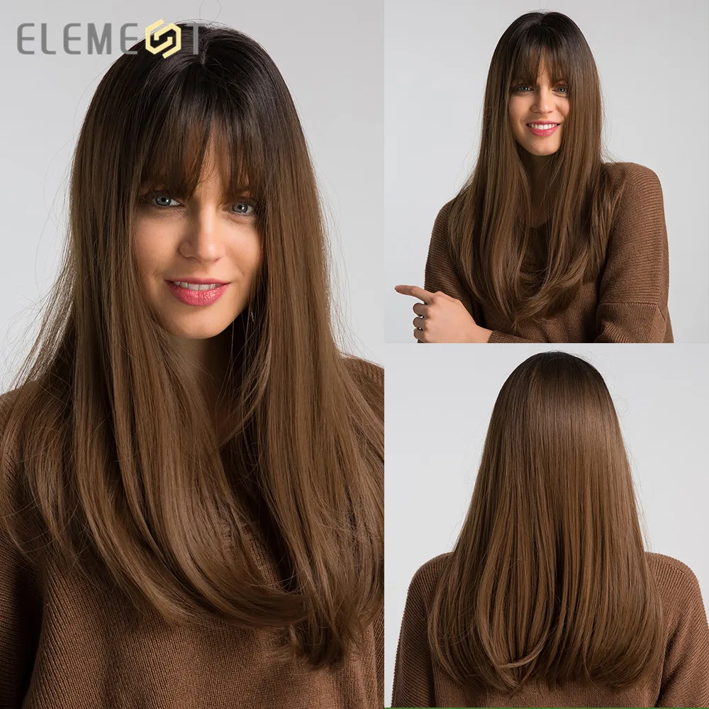 Element 18 Long Synthetic Wig With Bangs Dark Root Ombre Color