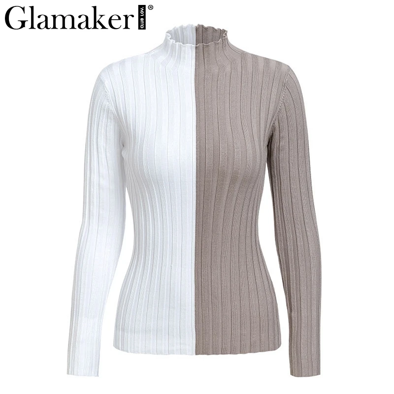Glamaker Sexy white grey patchwork sweater shirt Women autumn winter turtle neck jumper sweater Party casual combine sweater top Sweaters