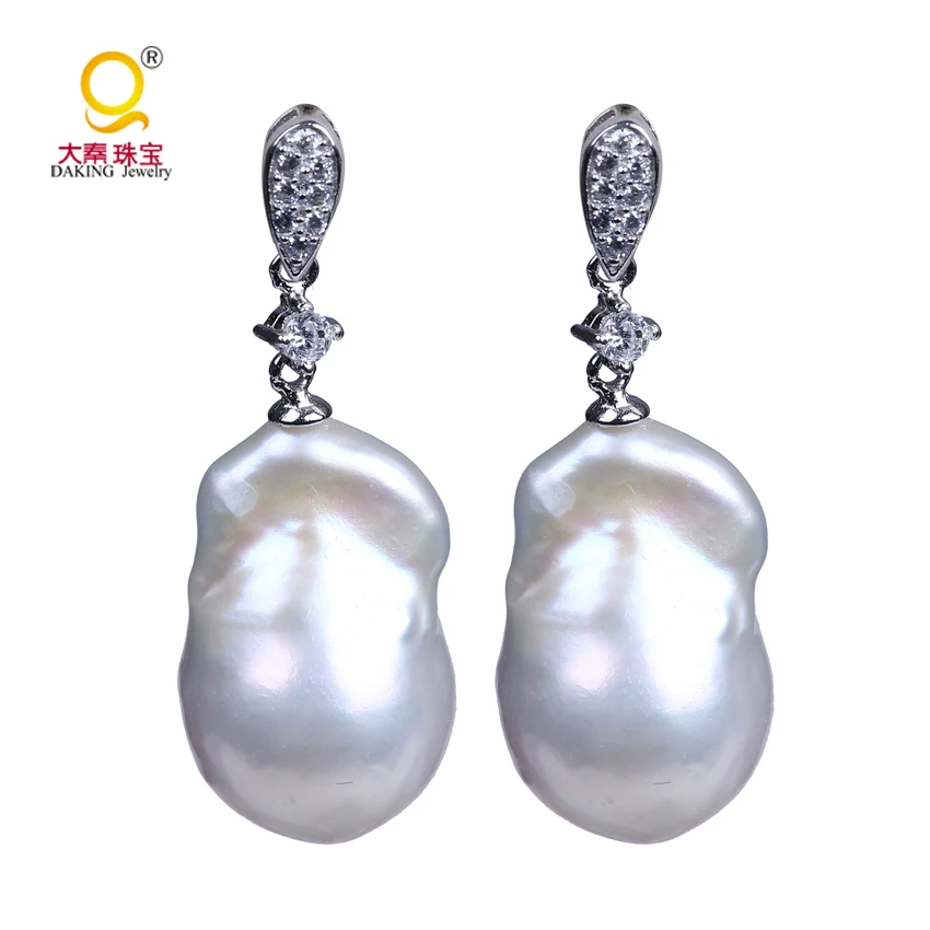 big 13mm baroque white reborn freshwater pearl stud earrings 925
