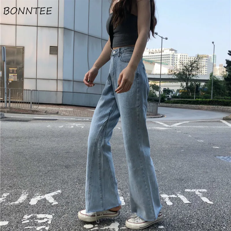 

Jeans Women Straight Pockets High Waist Simple Solid Summer Loose Long Trousers Womens Korean Style Students Harajuku All-match
