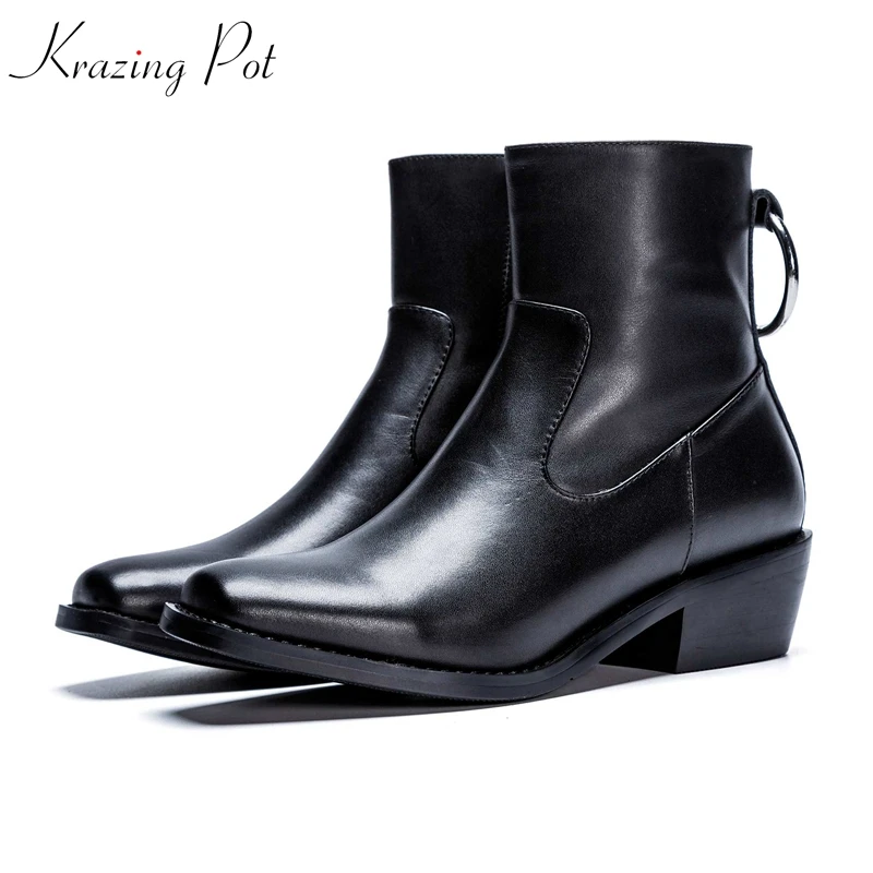 

Krazing Pot 2018 genuine leather runway lady superstar square heels Winter lazy style leisure circularity buckle ankle boots L71