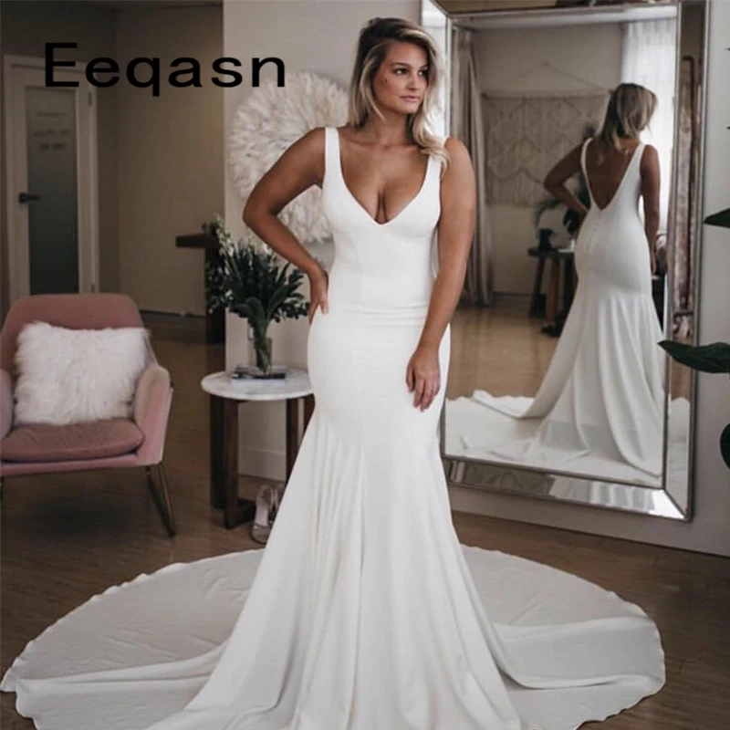 

2019 Soft Satin Wedding Dresses V Neck Simple Sleeveless Bride dress Elegant Design Mermaid Bridal Dress robe marie Plus Size