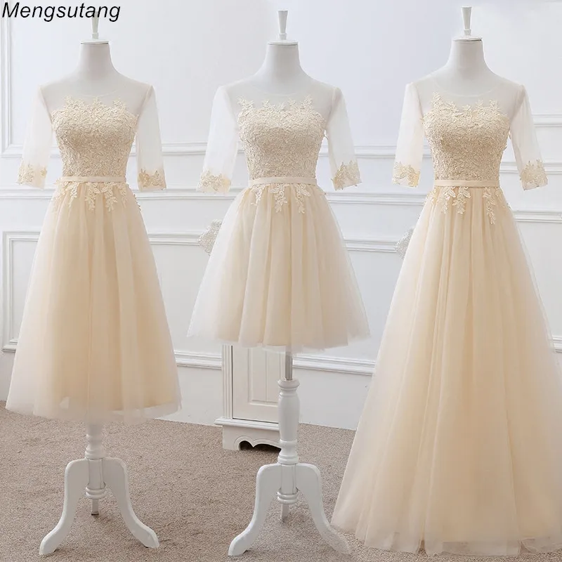 

Robe de soiree Champagne Scoop Neck Lace up Transparent Embroidery A-line Long evening Dress vestido de festa Formal Prom Dress