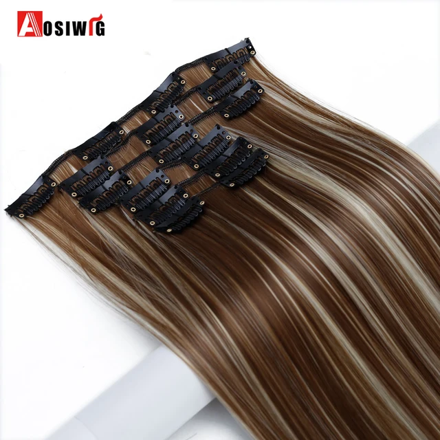 Special Price AOSIWIG 6Pcs/Set 24" Hairpiece 140G Straight 16 Clips In False Styling Hair Synthetic Clip In Hair Extensions Heat Resistant