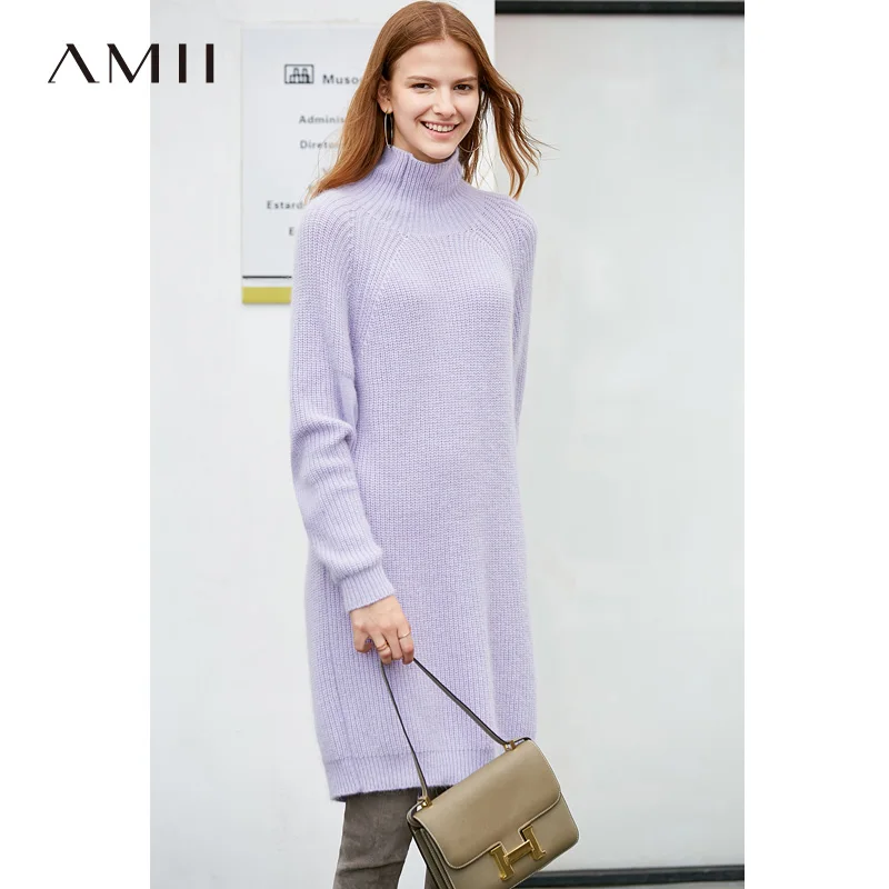 

Amii Women Minimalist 2018 Autumn Dress Chic Simple Slits Loose Rabbit Hair Female Dresses