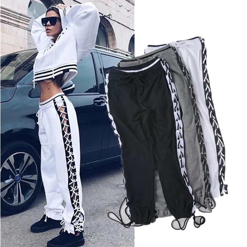 

Sexy Lace Up Hollow Out Casual Loose Pants Women Patchwork Color Block Drawstring Harem Pants Hip Hop Trousers Black White P45