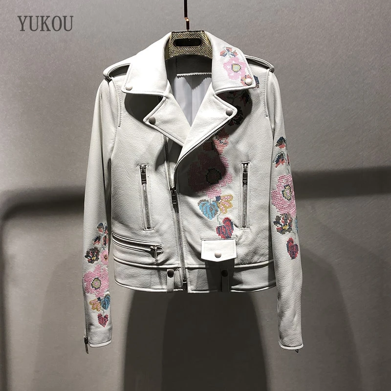 YUKOU женские пальто из высококачественной овчины кожаные куртки мотоциклетная кожаная одежда женская натуральная овчина кожа белая