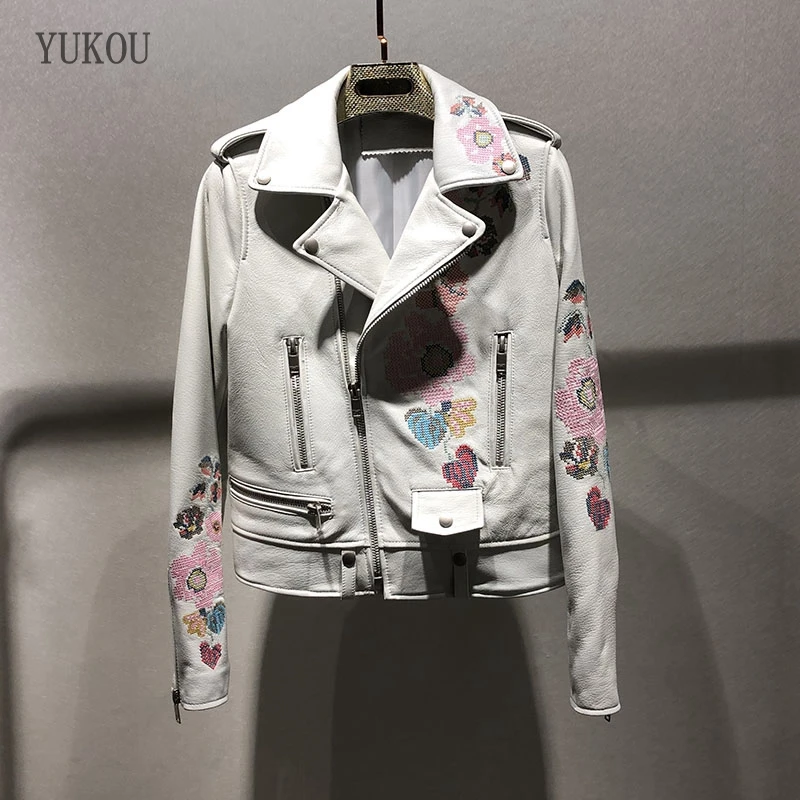 

YUKOU Woman Coats High-Quality Sheepskin Leather Jackets Motorcycle Leather Clothing Female Real Sheepskin Leather White