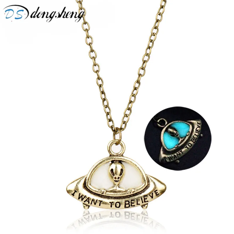 

dongsheng Movie X Files I Want to Believe Luminous Glowing Pendant Necklace UFO Alien Spaceship ET Glow in Dark Choker Necklace