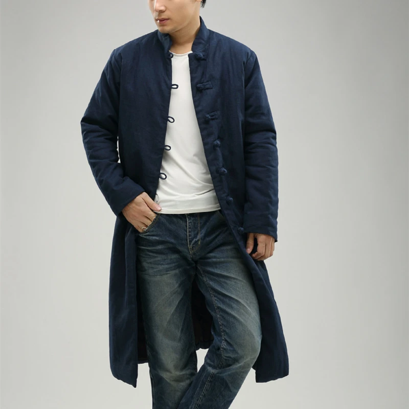 Lovers' Unisex Trench Coat Men Winter Long Jacket Cotton-padded Traditional Chinese Cloth