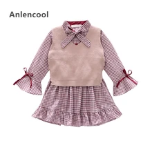 Anlencool New Spring children’s clothing 2019 Korean girl bow plaid dress + wool vest garden dress long-sleeved girls dress suit