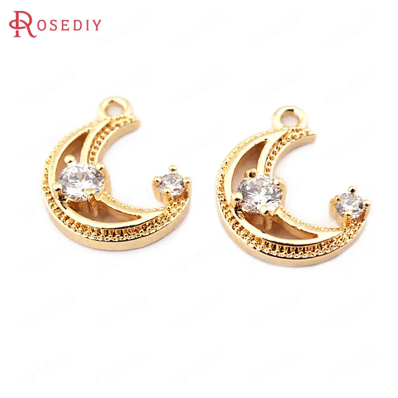 

(33679)6PCS 14*10MM 24K Gold Color Brass with Zircon Moon Charms Pendants High Quality Diy Jewelry Findings Accessories