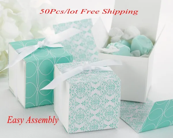 

(50Pcs/lot) Perfect Wedding gift box of Reversible Aqua Damask Wrap Boxes For Party Favor box and Candy box