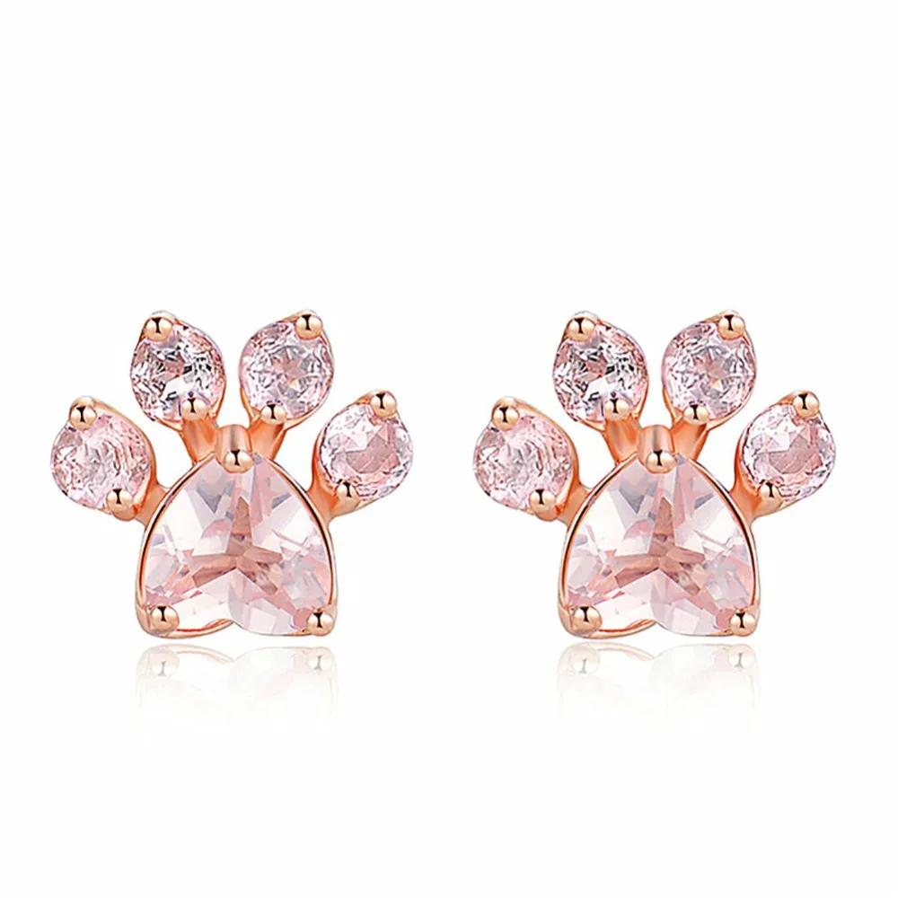 

New Shiny Pink Stud Earrings Crystal Zircon Plated Jewelry Dog Paw Print Earring Female Piercing Rose Gold Small Animal Earrings