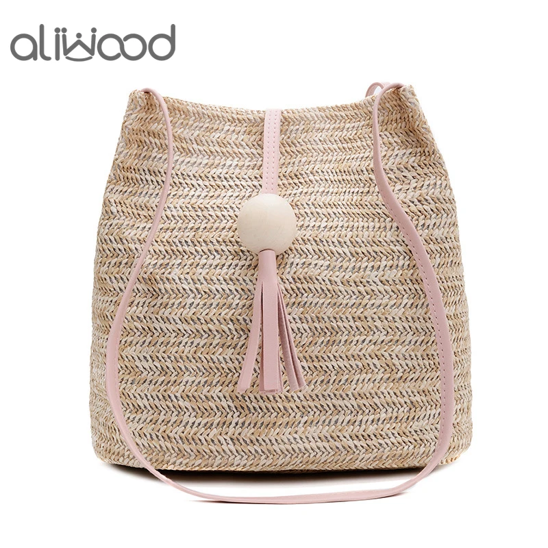 

aliwood Women Beach Bags Tassel Bucket Bags Bohemian Straw Shoulder Bags Fringed Handbags Summer Females Wicker Crossbody bags