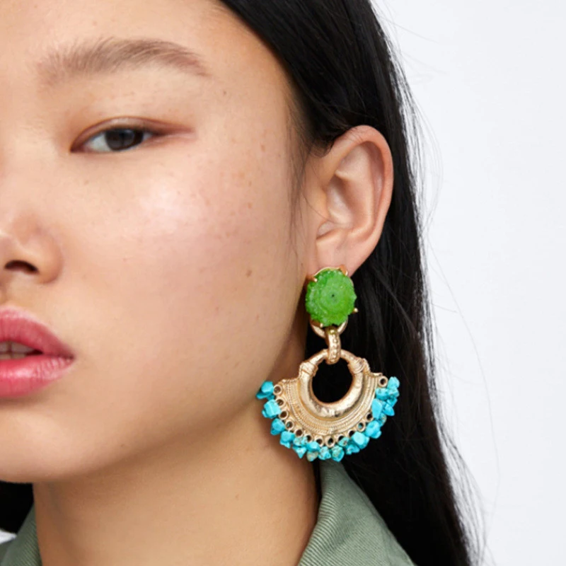 

Green Stone Top ZA Female Dangle Earrings Fan Shape Acrylic Pendants Heavy Vintage Drop Earrings aretes ET1146