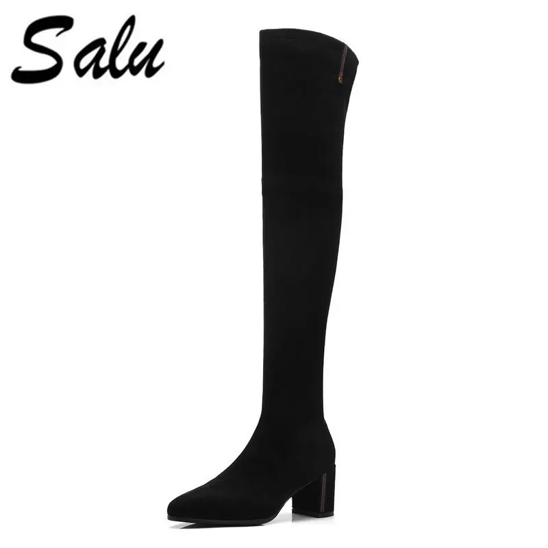 

Salu New Over-the-knee Genuine leather boots women Winter shoes woman Black Grey suede Zip High quality