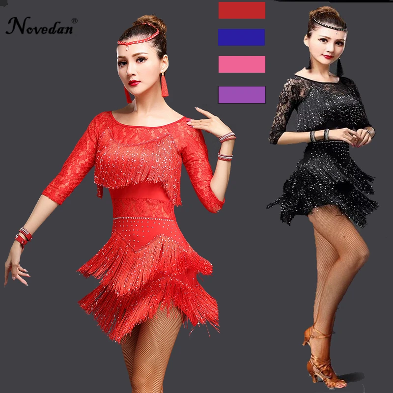 Sexy Red Tango Dress Salsa Latin Dance Dress Women Lace Fringe Ballroom