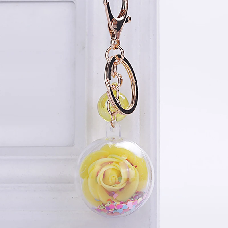 New Fashion Sequins Glitter Rose Keychain Pendant Transparent Plastic Eternal Flower Key Chain Women Car Handbag Keyring