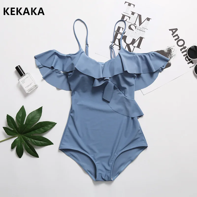 

KEKAKA 2019 Korean Solid Blue Off Shoulder One Piece Swimsuit Women Sexy Push Up Ruffle Bodysuit Bathing Suit Swimwear Monokinis