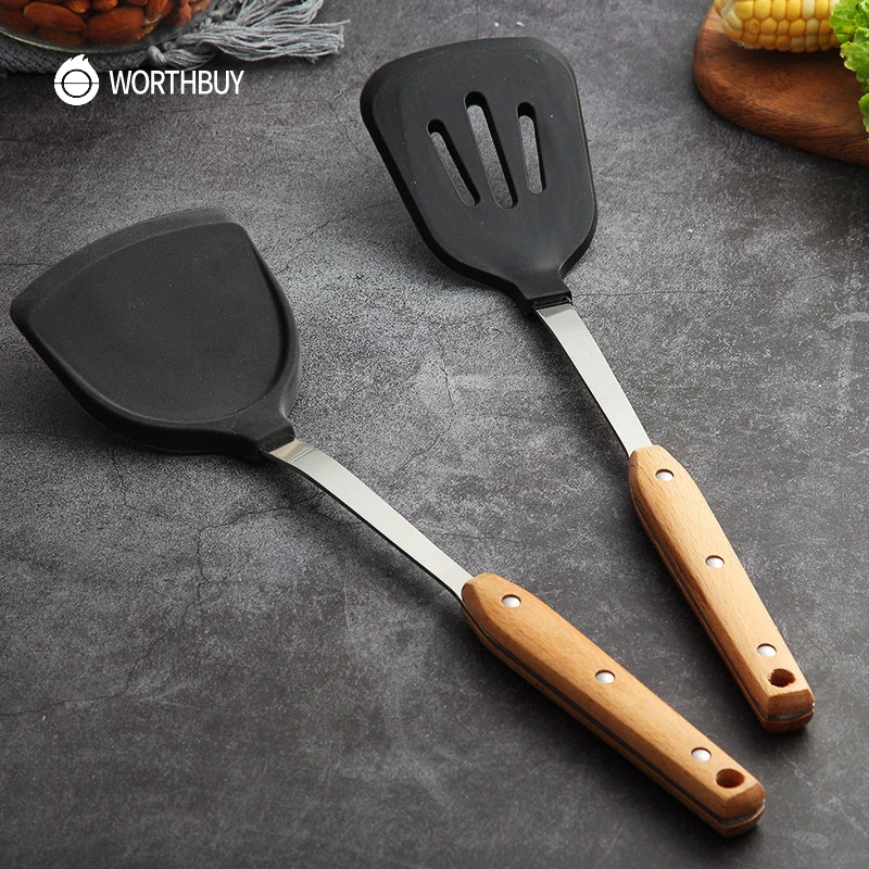 

WORTHBUY Kitchen Cooking Utensils Non-stick Silicone Spatula Turner For Kithcen Cooking Non-Slip Kitchenware With Wooden Handle