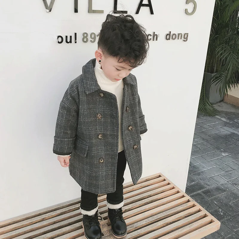 

Little Boys Casual Plaid Woolen Jacket Fall Winter Children Casual Double Breasted Trench Coat Overcoat Baby Kids Outerwear D81