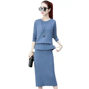 

Two Piece Suit Sweater Women V-Neck Pullover Sets Top And Long Sleeve Dress Women Slim Suits Spring Autumn Knitted Dresses J89