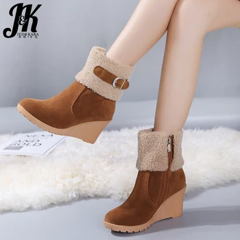 

JK High Heels Women Ankle Boots Round Toe Zip Footwear Wedges Female Snow Boot Flock Platform Shoes Woman Winter 2018 New Black