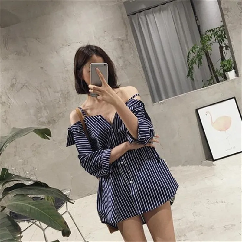 

Korean Autumn New Arrivals Striped Women Shirts Sexy Slash neck Spaghetti Strap Blouse Three Quarter Sleeve Casual Blusas 62674