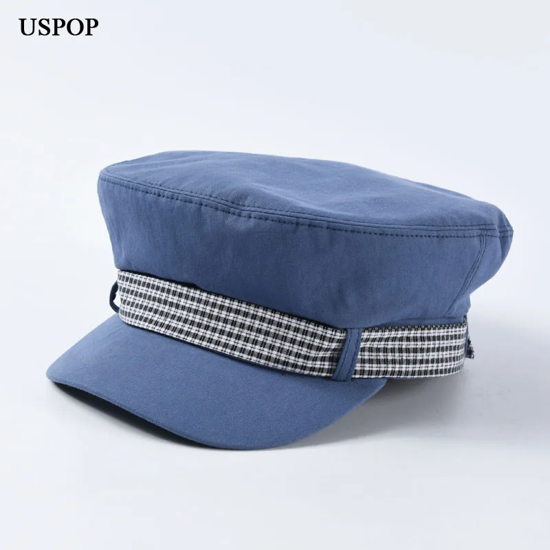 

USPOP 2019 Autumn New Newsboy caps for women plaid bow patchwork flat top military caps 100% cotton visor cap