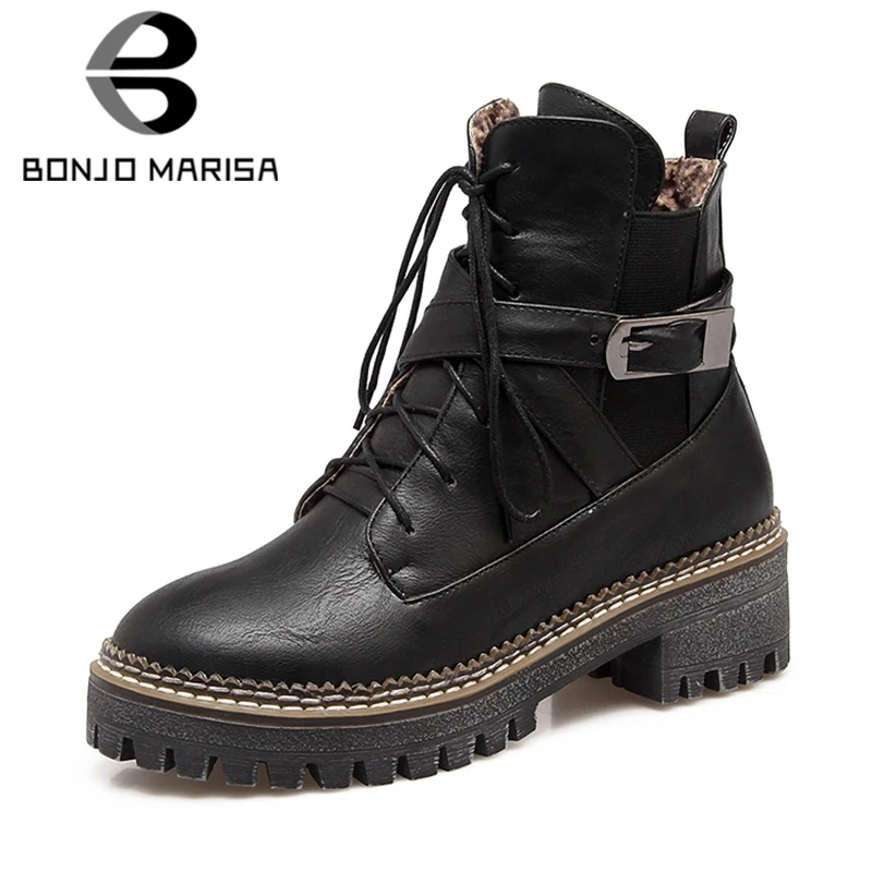

BONJOMARISA 2018 Winter Big Size 33-43 Cool Platform Ankle Boots Women British Shoes Woman Med Heels lace-up Women Fur Boots